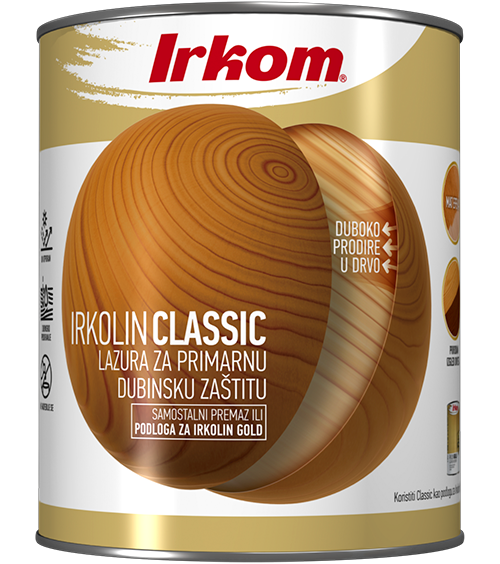 IRKOLIN CLASSIC je tankoslojni lazurni transparentni premaz bez laka koji se koristi za dekoraciju i intenzivnu dubinsku zaštitu drveta u enterijeru i eksterijeru (prozori, vrata, ograde, lamperija). Štiti drvo od vode i atmosferskih uticaja i daje mu željene estetske karakteristike. Zbog velike količine pigmenta koji sadrži, izuzetan je za nijansiranje drveta, a tečni sadržaj mu omogućava duboko prodiranje u strukturu drveta. Može se koristiti samostalno, preporučuje se u enterijeru 1-2 sloja, u eksterijeru 2-3 sloja ili kao podloga za Irkolin Gold (u tom slučaju nanosi se u samo jednom sloju u istoj nijansi kao i Irkolin Gold). Ukoliko želite nijansirati drvo može se premazati i u više slojeva od preporučenog, svaki novi naneti sloj dovešće do intenziviranja nijanse uz minimalan gubitak transparentnosti. Nanosi se četkom, krznenim valjkom ili špricem.